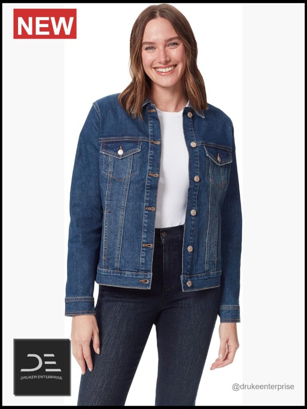 Denim Jean Jacket with Button Front, Long Sleeves & 4 Pockets